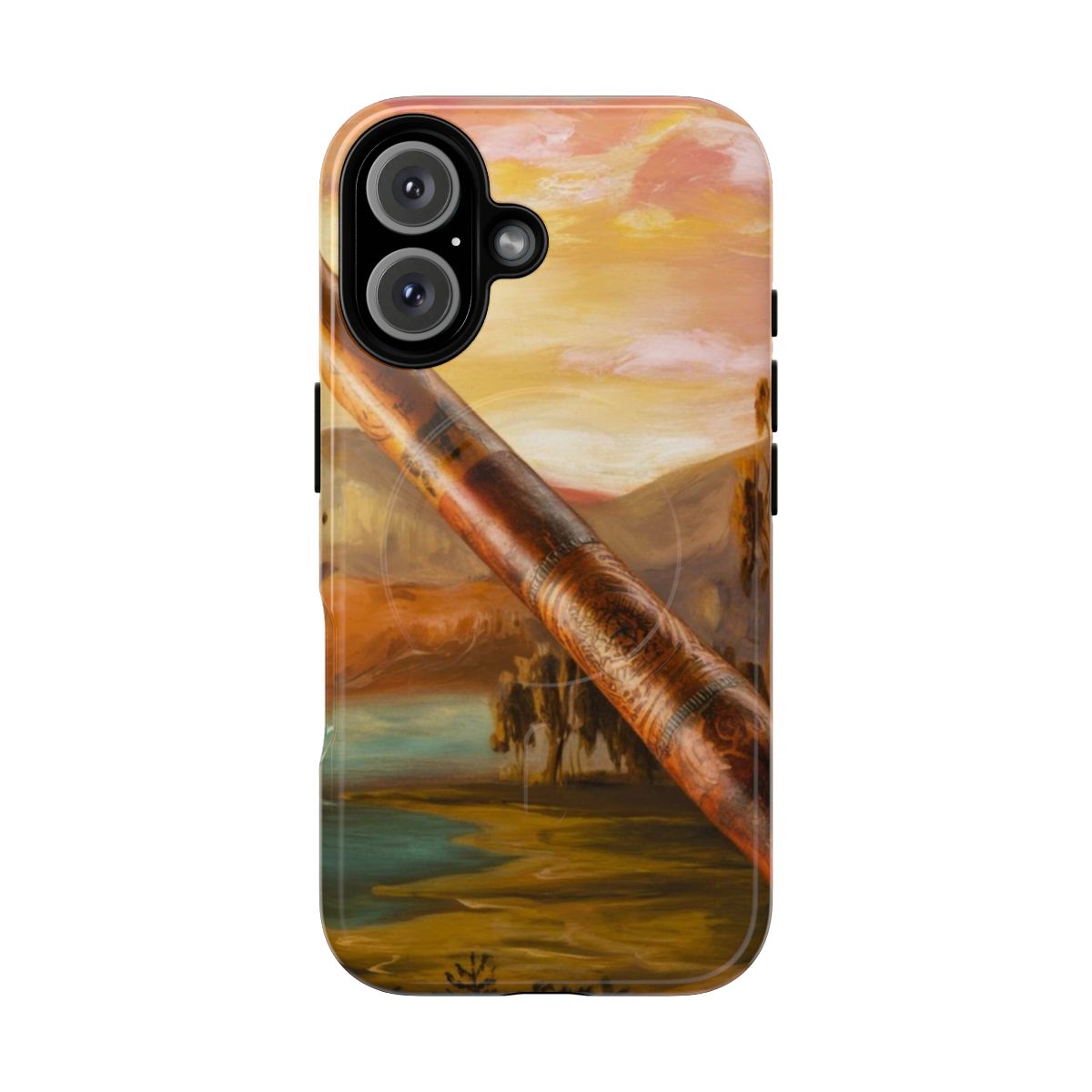 Vibrant phone case with didgeridoo and Australian animal graphics