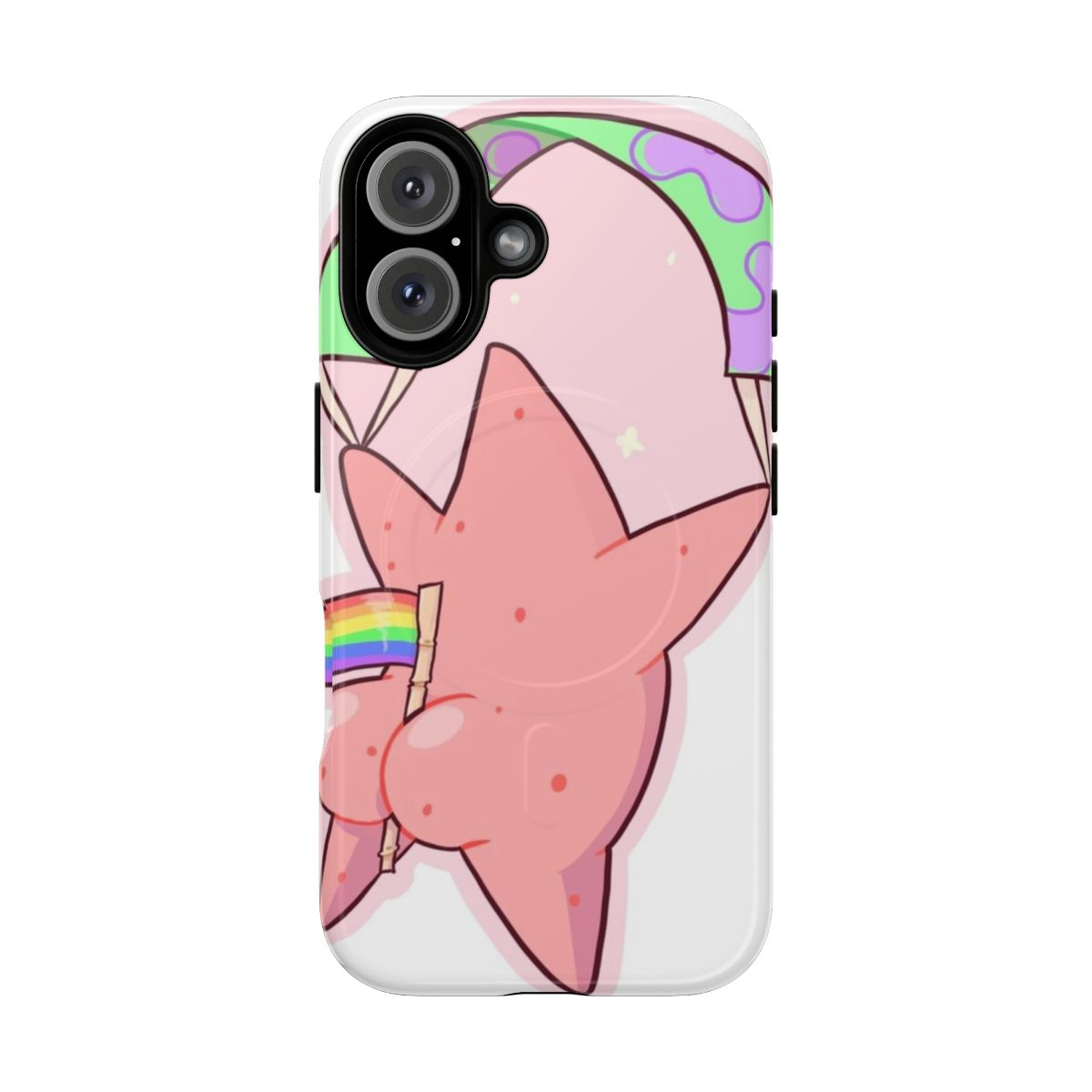 Colorful phone case featuring the character Patrick Star from Spongebob Squarepants in a pride-themed design