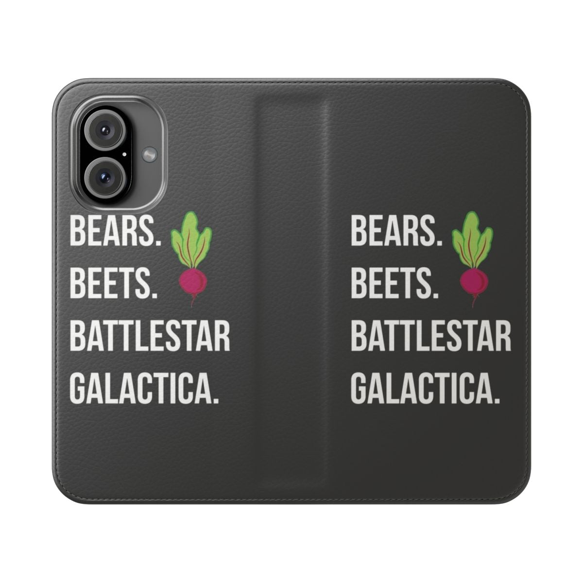 A flip cover phone case featuring a quote from the popular TV show The Office, depicting bears, beets, and Battlestar Galactica.