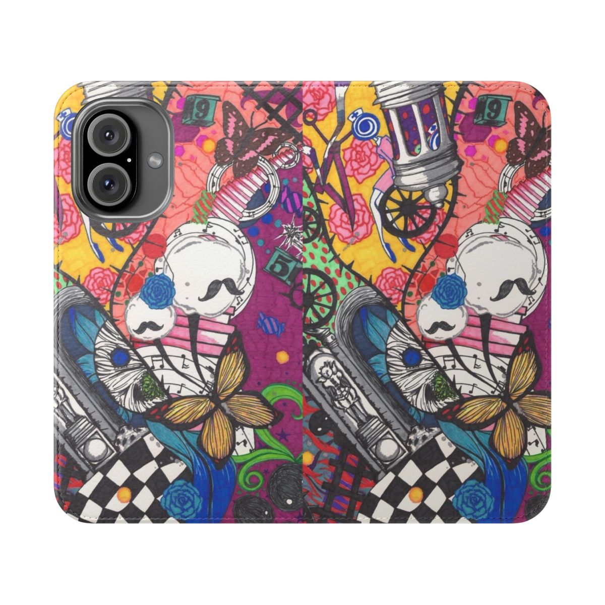 Anime-inspired flip phone case with Madoka Magica witch print design