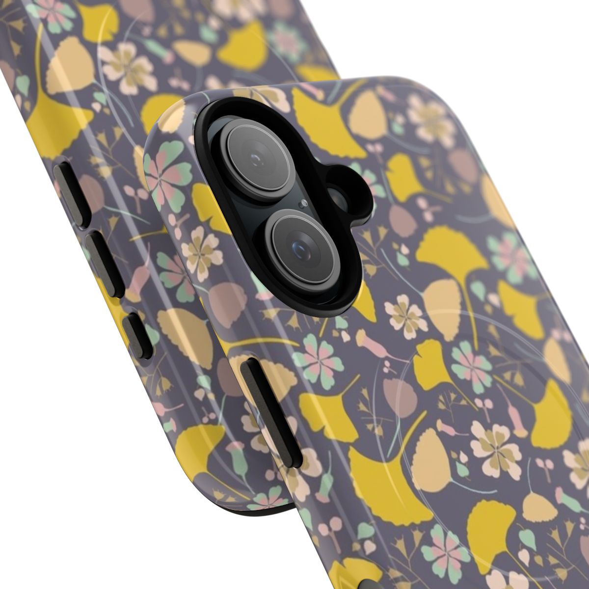 Vibrant ginkgo leaf phone case with a delicate floral pattern - Detail