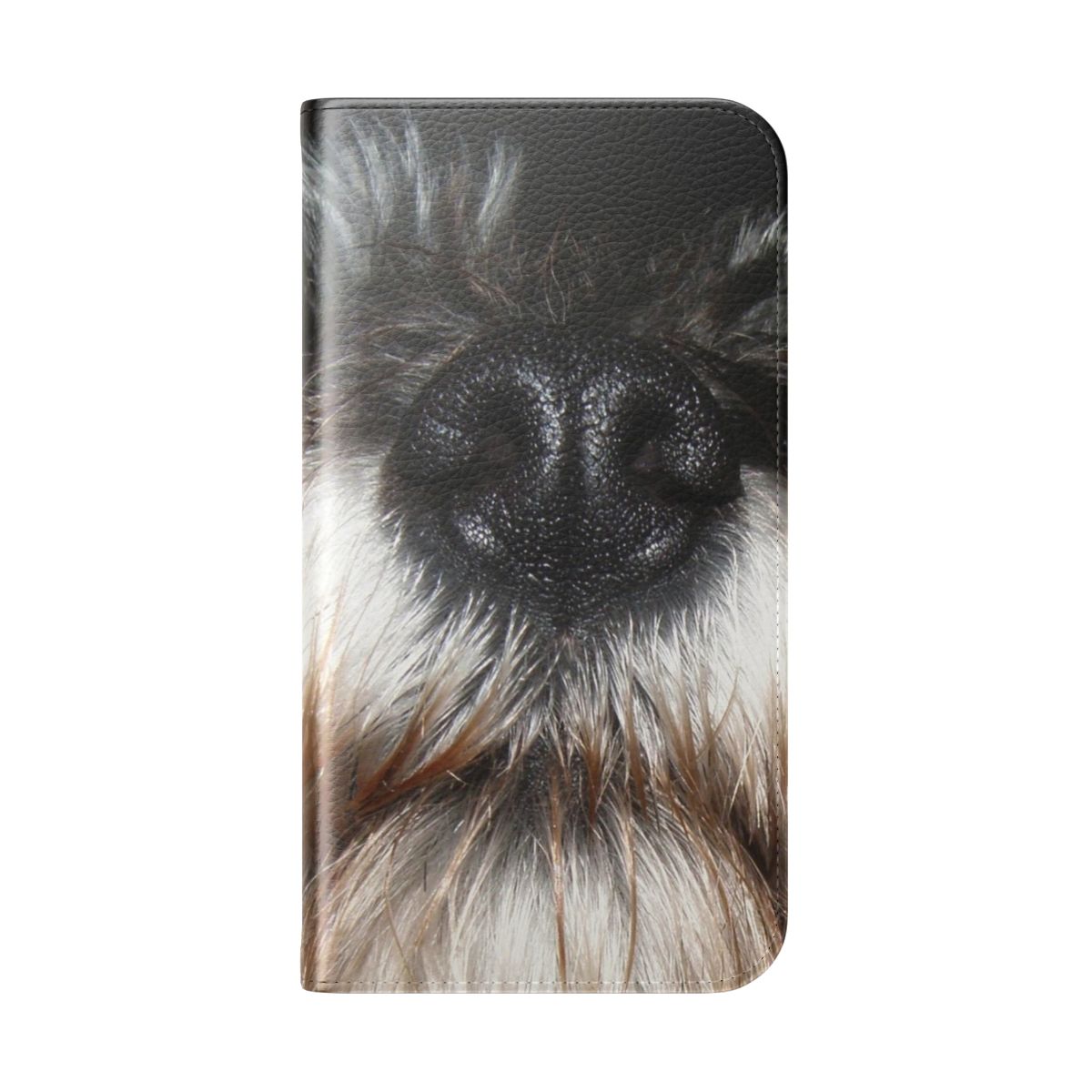 A flip phone case with a close-up image of a schnauzer dog's nose - Folded Back