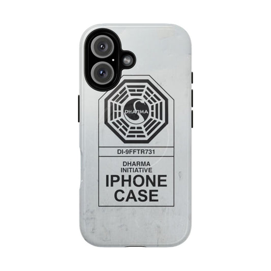 A Dharma Initiative-inspired grunge style phone case with a magnetic closure for protection.