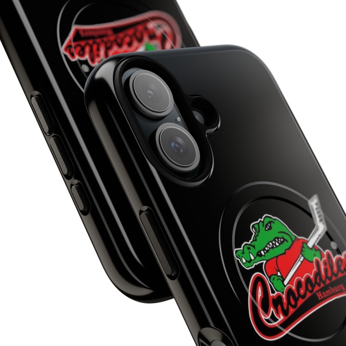 Crocodile-themed phone case with ice hockey imagery - Detail