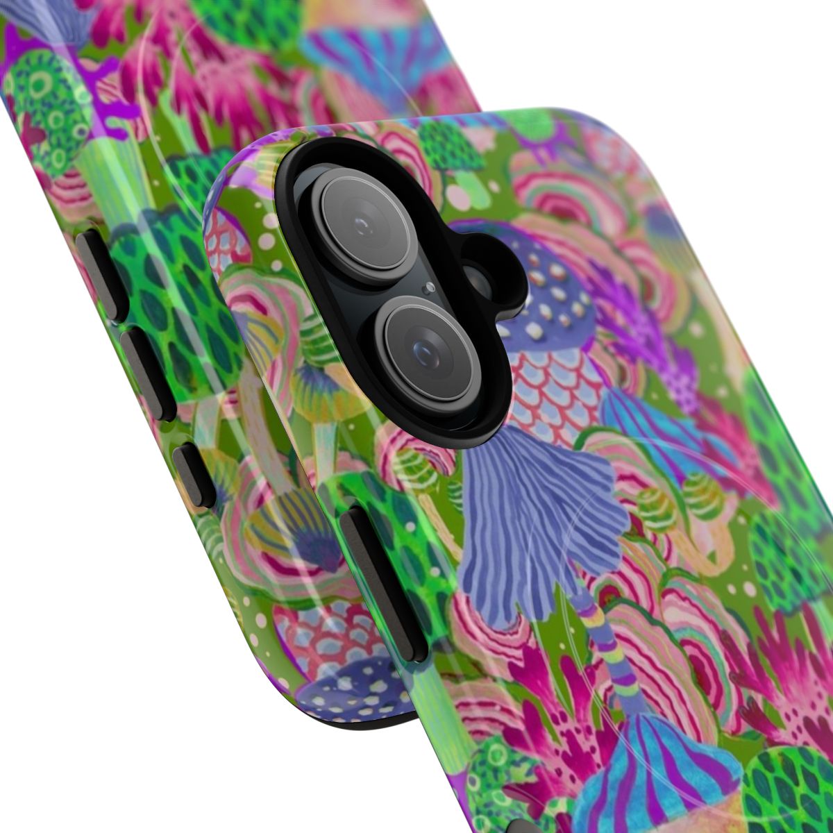 Colorful watercolor illustration of poison mushrooms and foliage on a magnetic phone case. - Detail