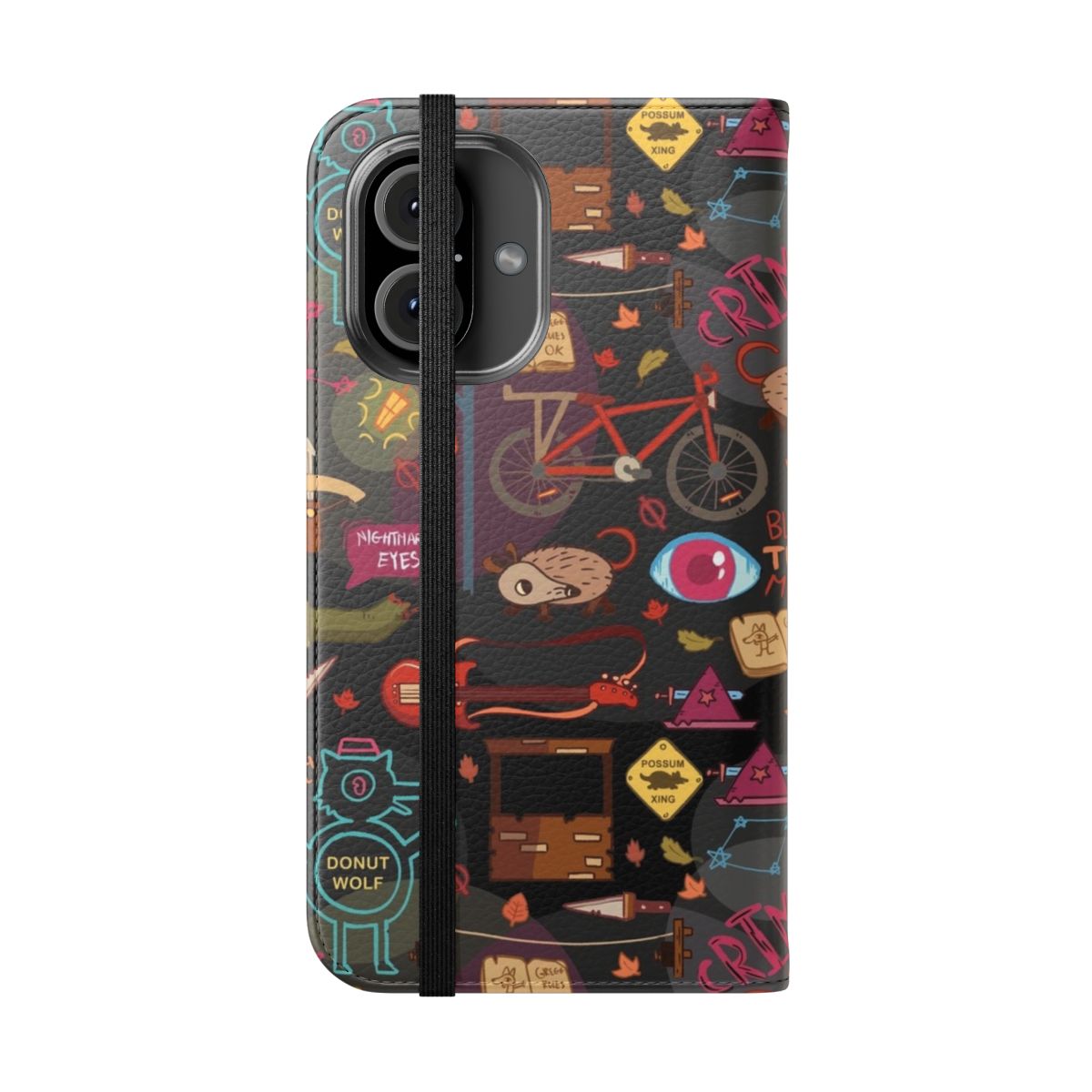 A flip cover phone case featuring a unique autumn-inspired pattern, perfect for fans of the indie game "Night in the Woods". - Folded Front