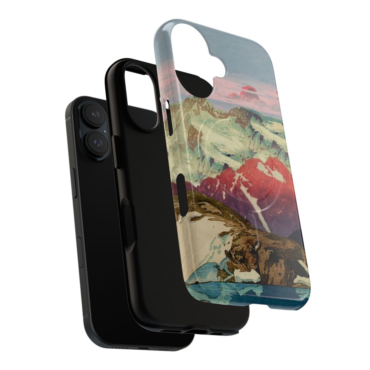 Artistic phone case featuring a serene winter landscape with mountains, a lake, and a colorful sunset sky in the ukiyo-e style. - Layers