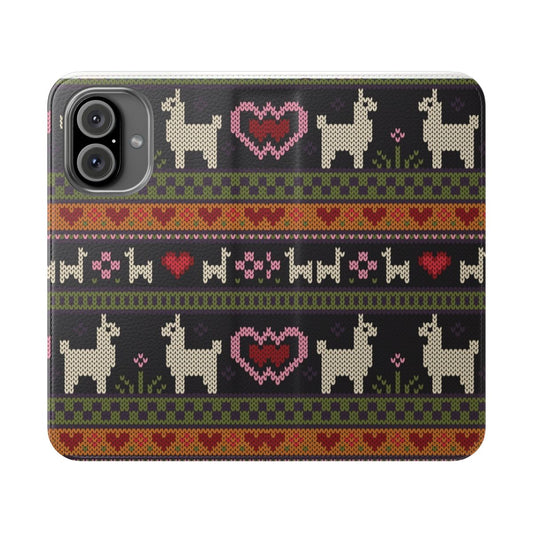 A stylish and cozy knit-style phone case featuring a cute llama or alpaca design.