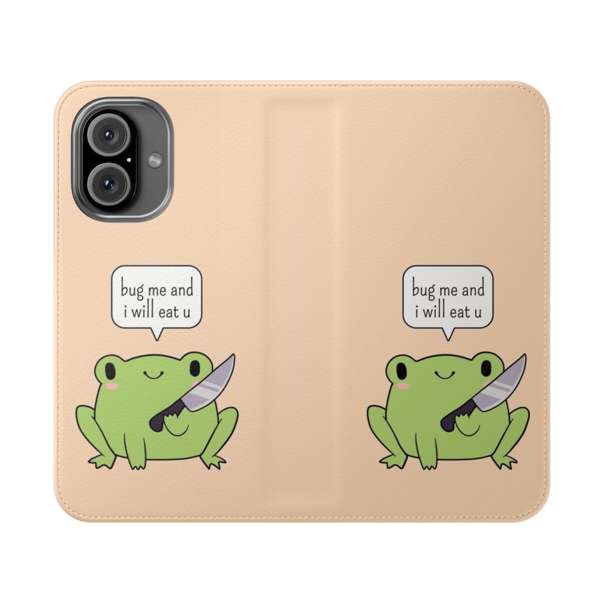 Whimsical flip phone case featuring a cartoon frog holding a knife