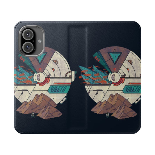 Geometric and spaceship-inspired phone case with sci-fi design