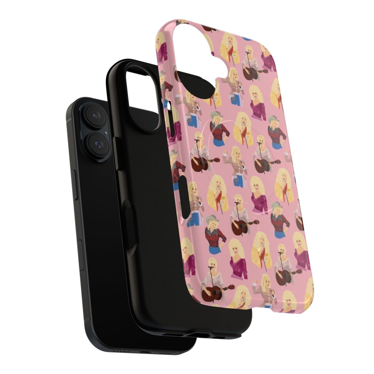 Retro magnetic phone case featuring a Dolly Parton inspired design in shades of pink and vintage patterns - Layers