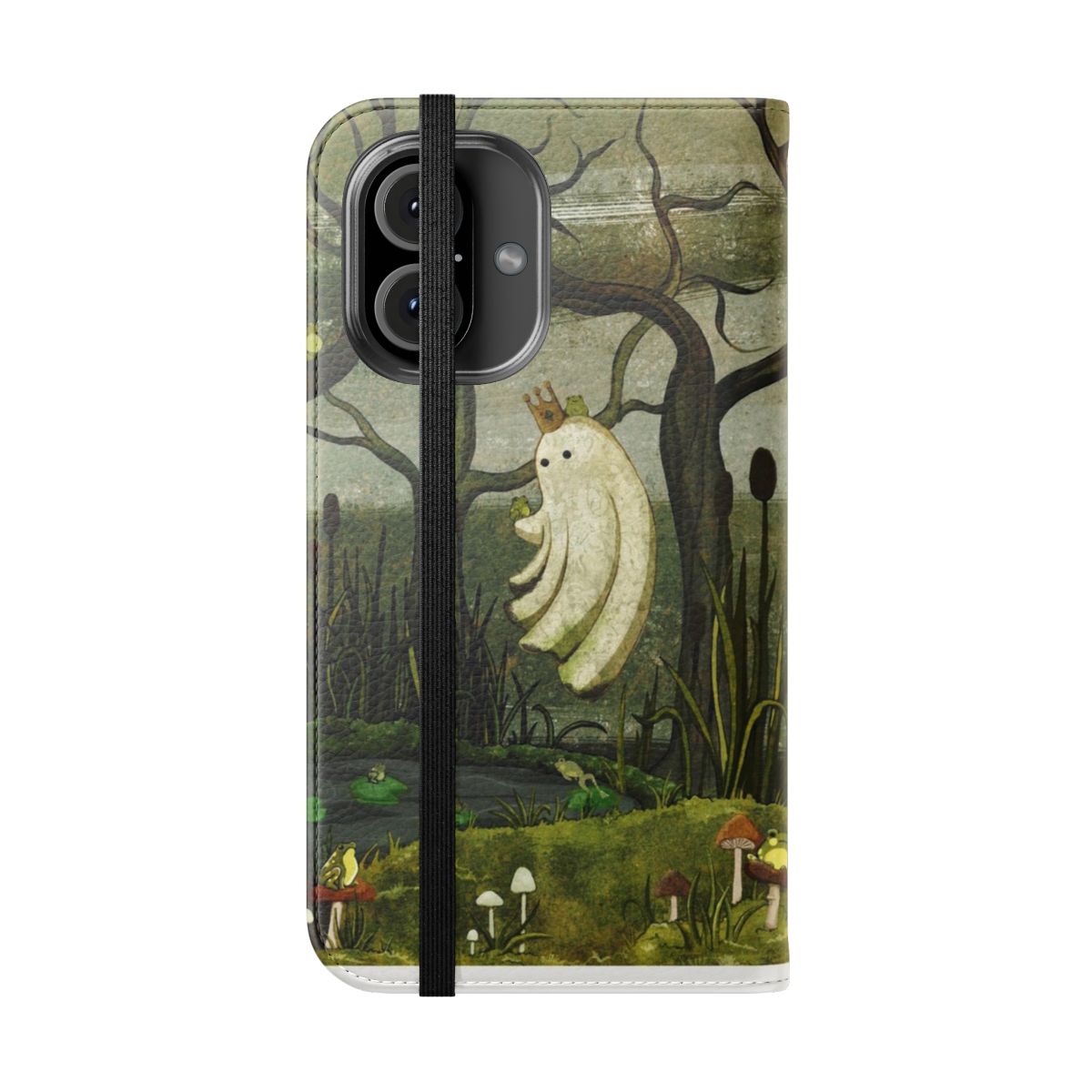 Illustration of a frog prince on a phone case with a swampy, moss-covered landscape - Folded Front