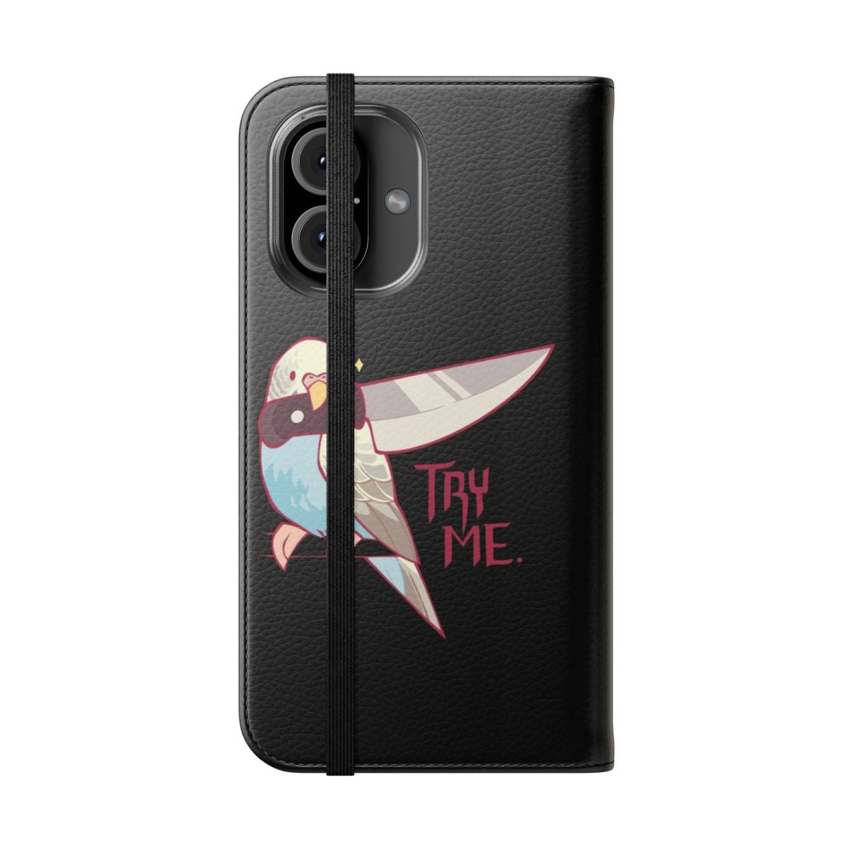 Colorful flip-cover phone case featuring an illustration of a female budgerigar or parakeet bird. - Folded Front