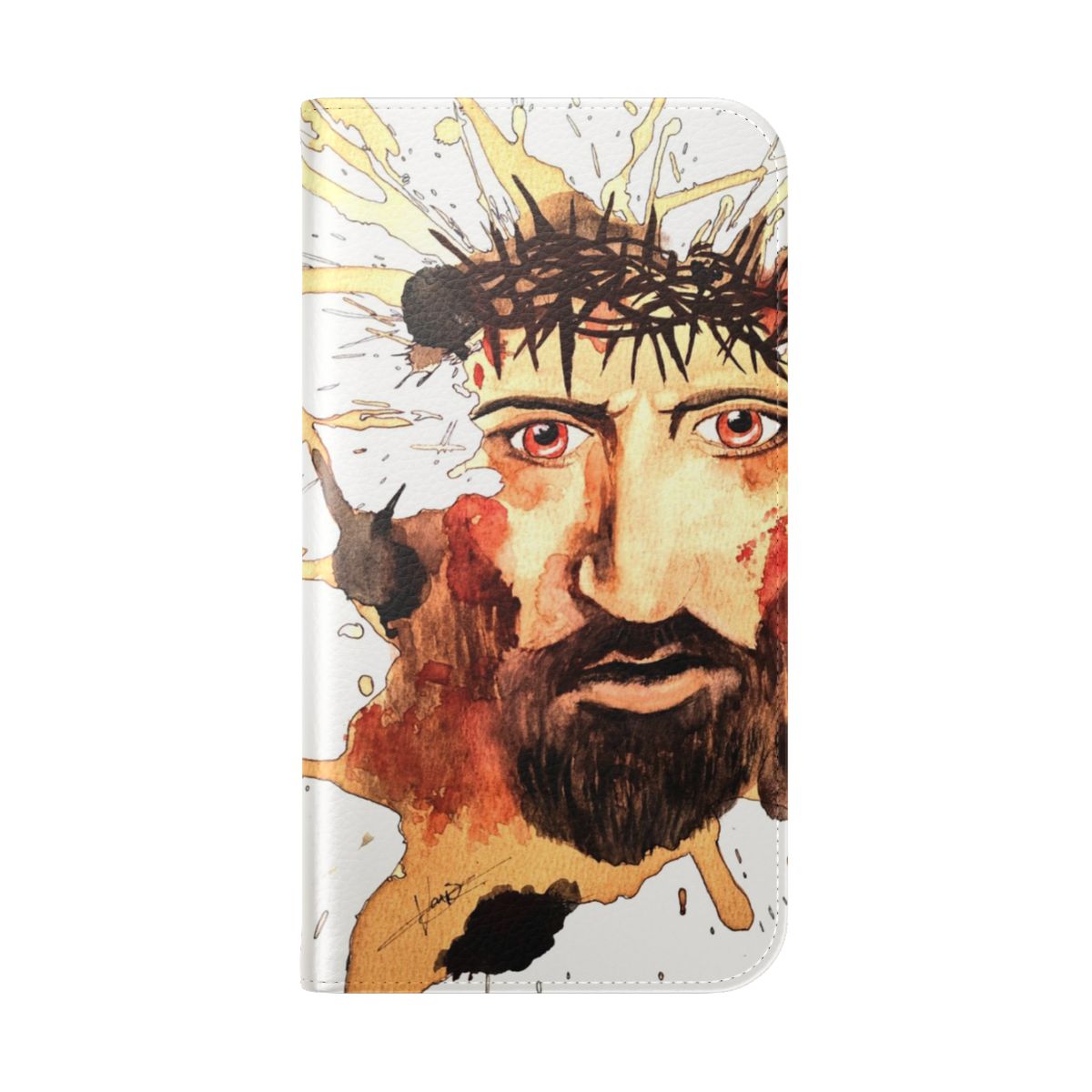 A flip phone case featuring an original abstract design with coffee stain patterns and religious lineart imagery. - Folded Back