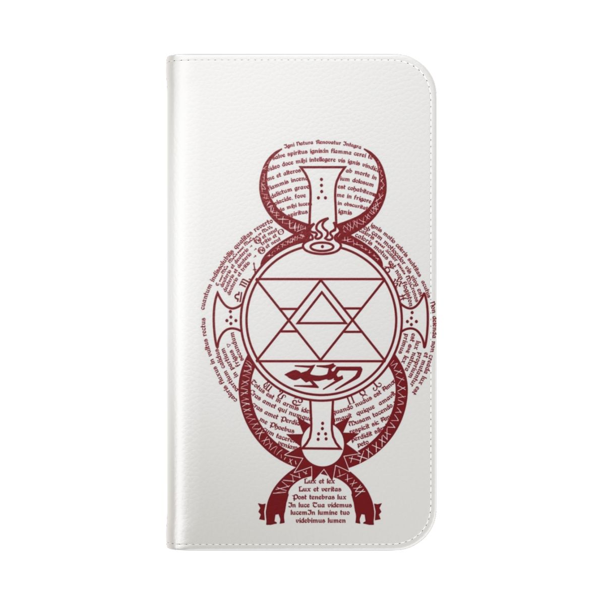 Anime-inspired fullmetal alchemist flip phone case featuring a Riza Hawkeye tattoo design with alchemy symbols. - Folded Back