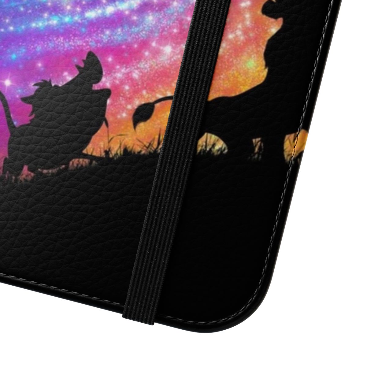 Flip phone case with a vibrant lion king-themed design featuring Mufasa, Simba, Timon, and Pumba in the African savannah. - Close Up