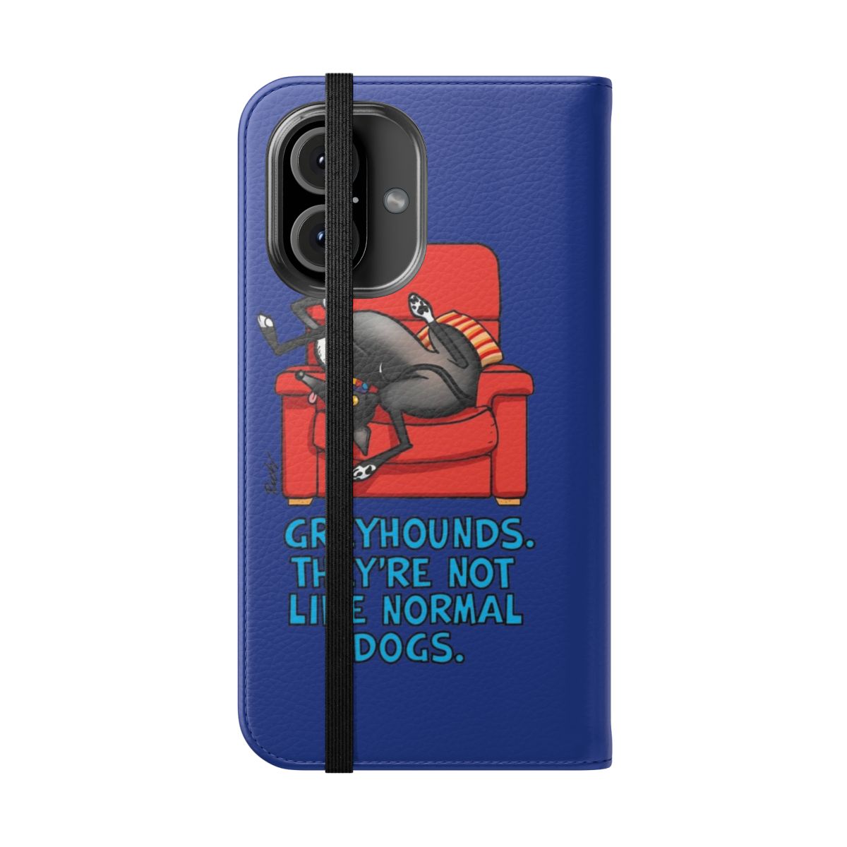 Flip cover phone case featuring a sighthound design by artist Rich Skipworth - Folded Front