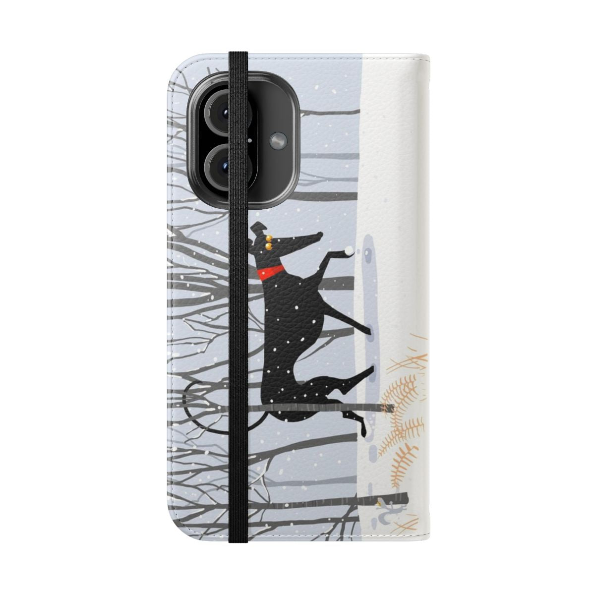 Illustration of a greyhound dog in a snowy, winter landscape on a phone case - Folded Front