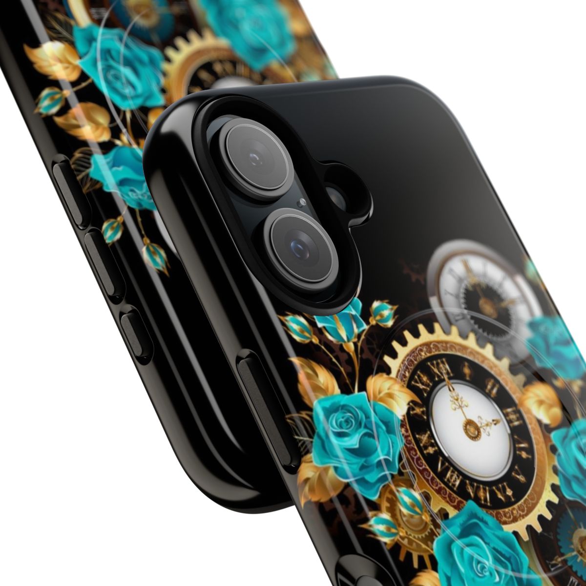 Vintage floral phone case with golden petals and turquoise roses, depicting a time travel theme. - Detail