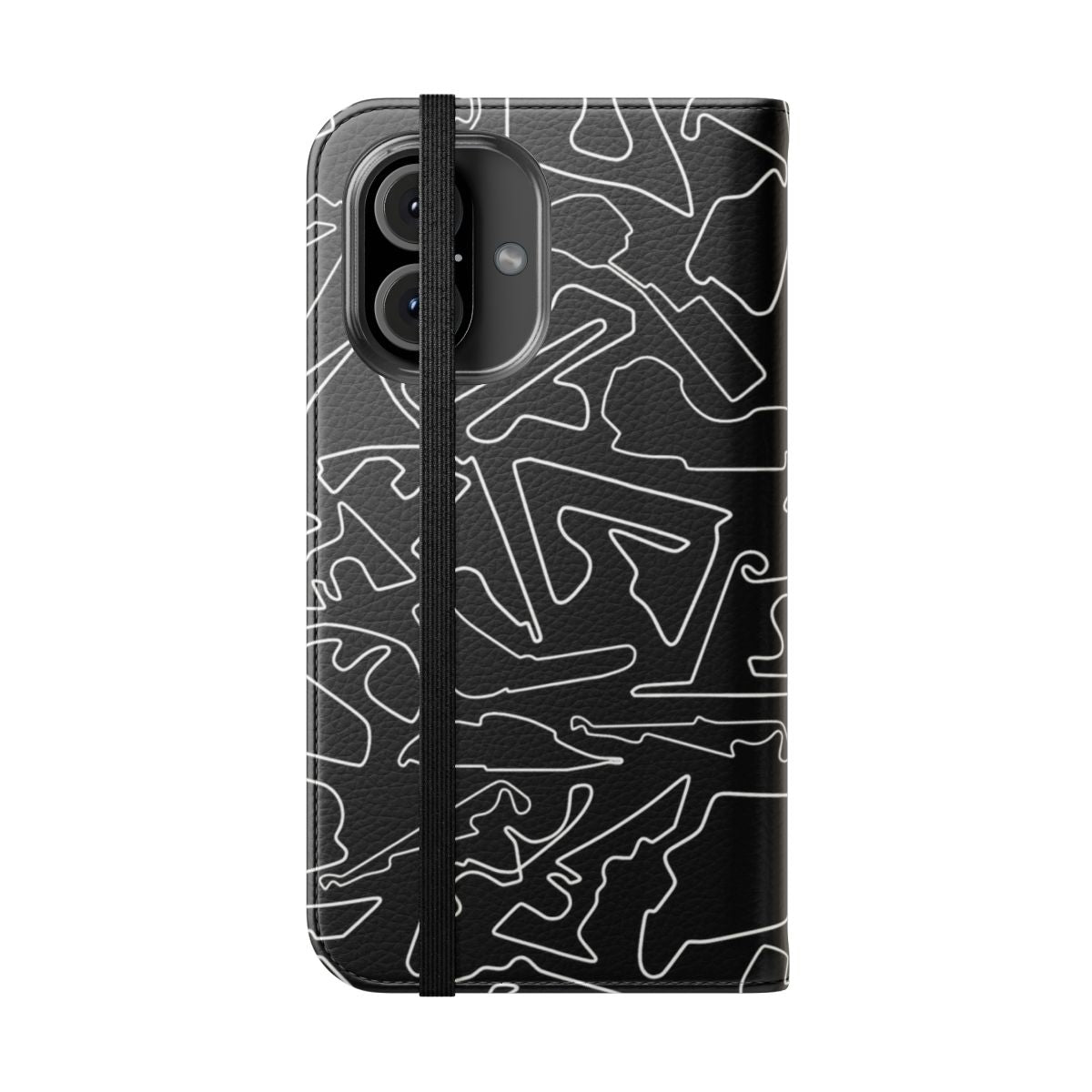 Flip cover phone case featuring a sleek black background with abstract race track design. - Folded Front