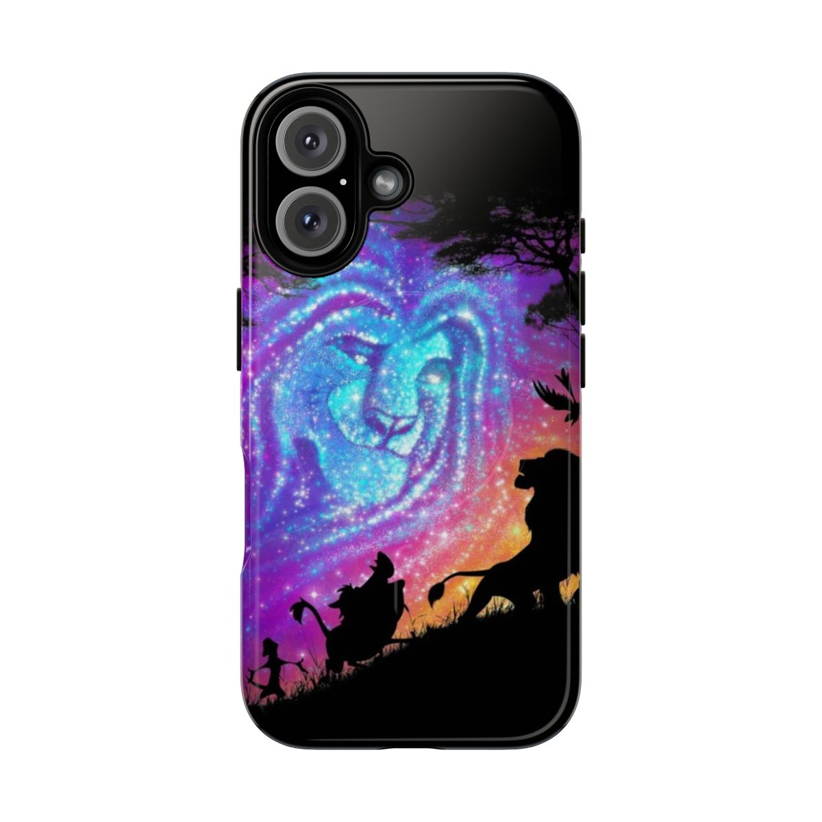 Magnetic tough phone case with Disney's The Lion King inspired design featuring Mufasa, Simba, Timon, and Pumba against an African sunset.