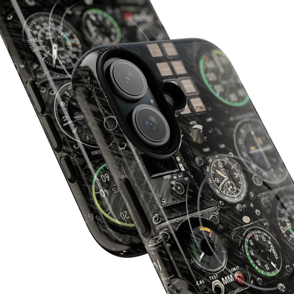 Magnetic tough aviation helicopter cockpit phone case with flight instruments and avionics - Detail