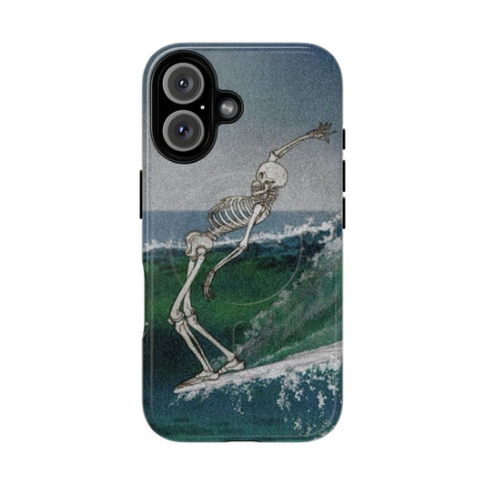 A blue and oil phone case with a vintage-inspired wave and skeleton design