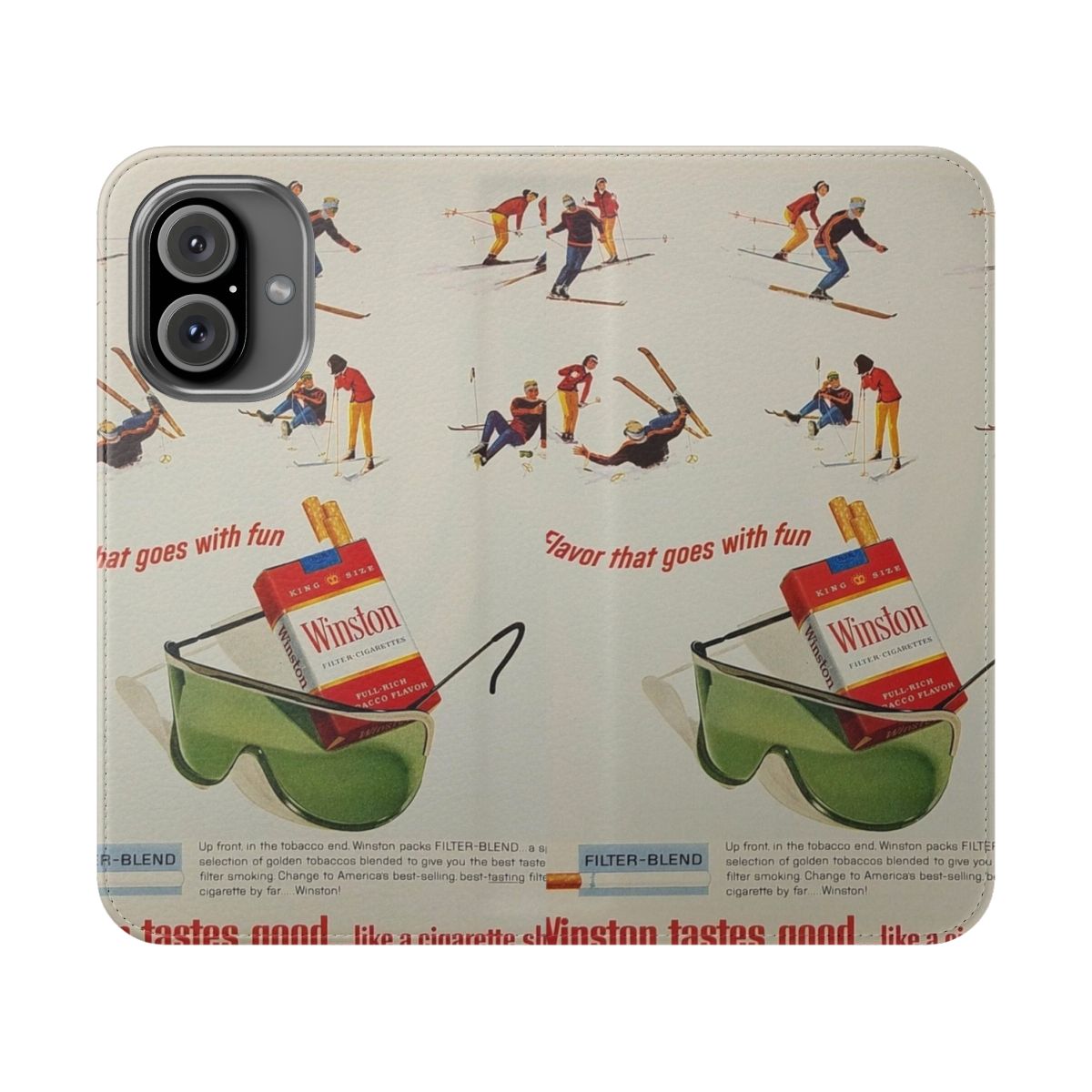 Vintage style flip cover phone case with a retro cigarette skiing advertisement design