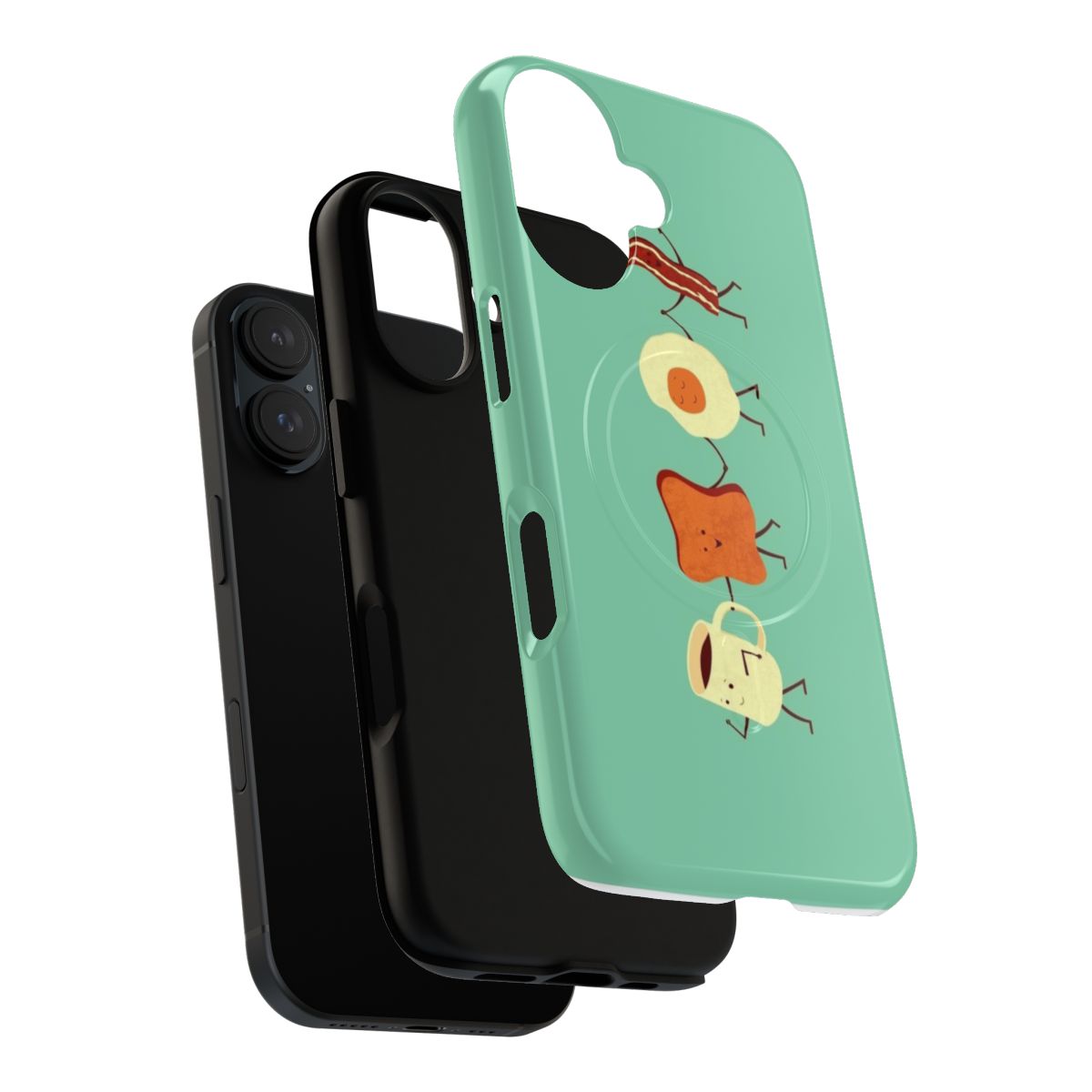 Magnetic tough phone case with a playful breakfast-themed design, featuring toast, bacon, coffee, and eggs. - Layers