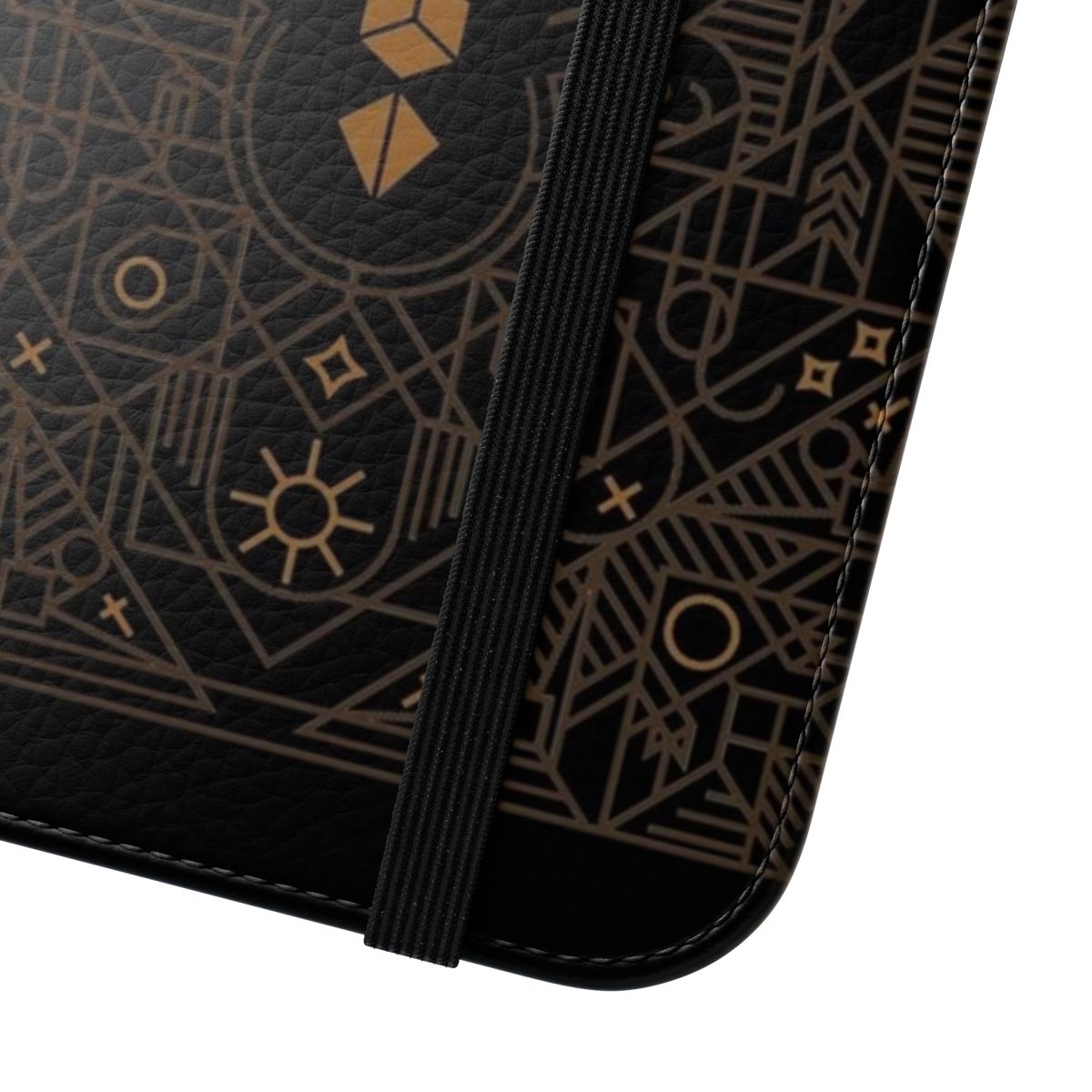 Polyhedral dice and vintage sword inspired minimalist flip phone case - Close Up