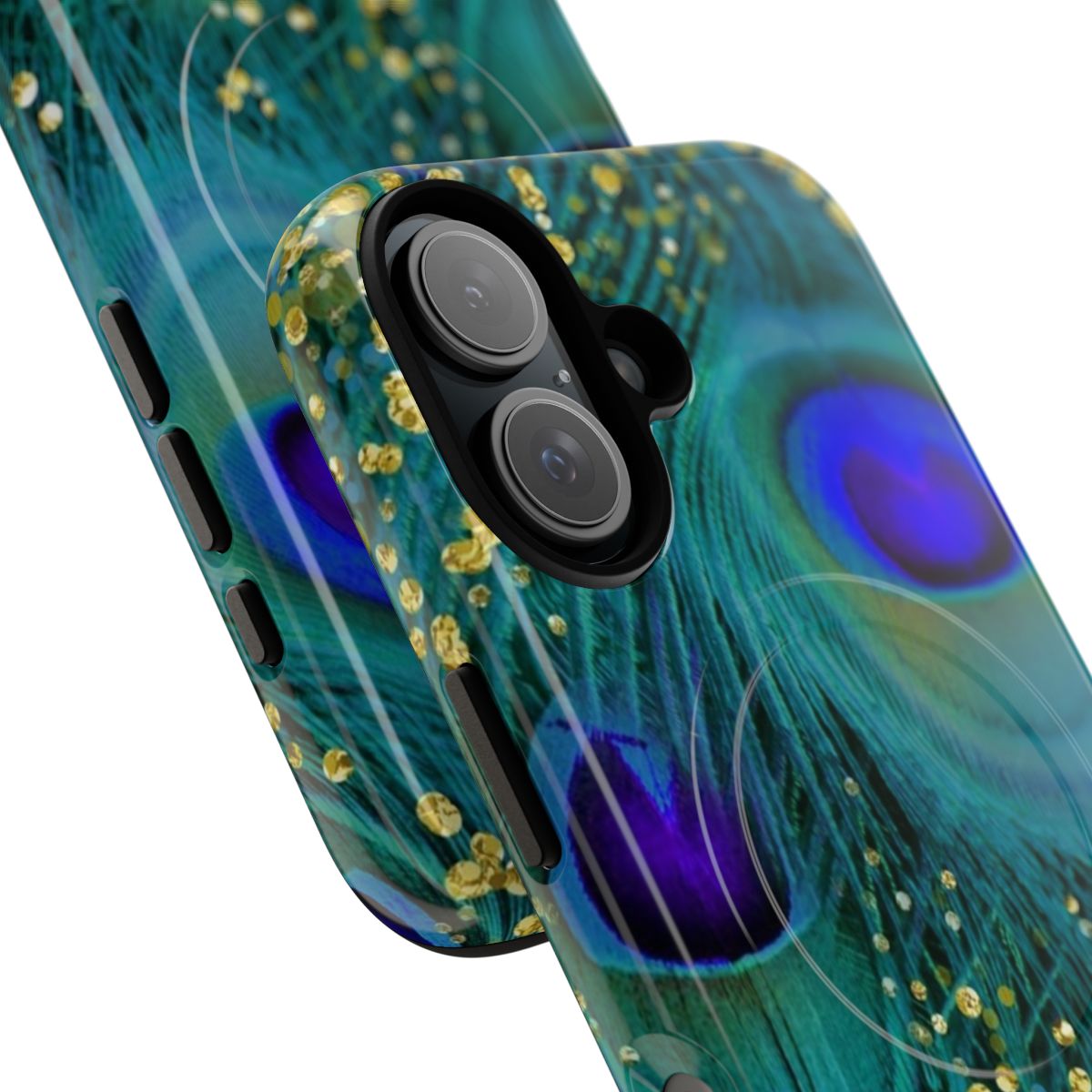 A closeup image of a phone case with a dreamy, iridescent peacock feather design in shades of teal, purple, and glimmering gold. - Detail