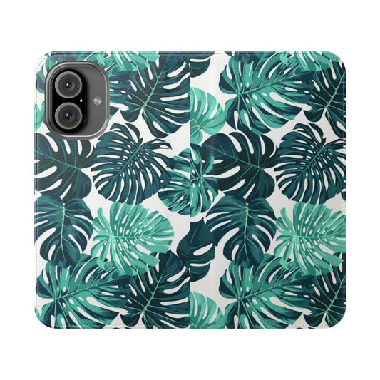 Green and blue monstera leaf pattern on a phone case cover