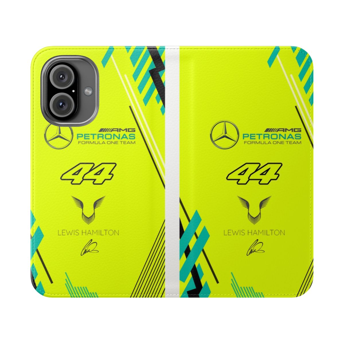 Yellow phone case with Mercedes AMG Petronas F1 team branding and Lewis Hamilton's iconic number 44