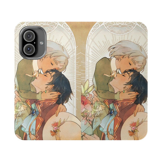 Whimsical art nouveau-style flip cover phone case featuring characters from the beloved anime "Howl's Moving Castle"