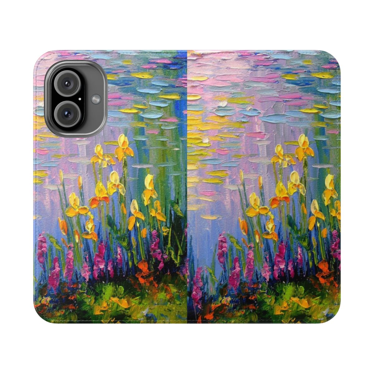 Floral phone case design with flowers and pond