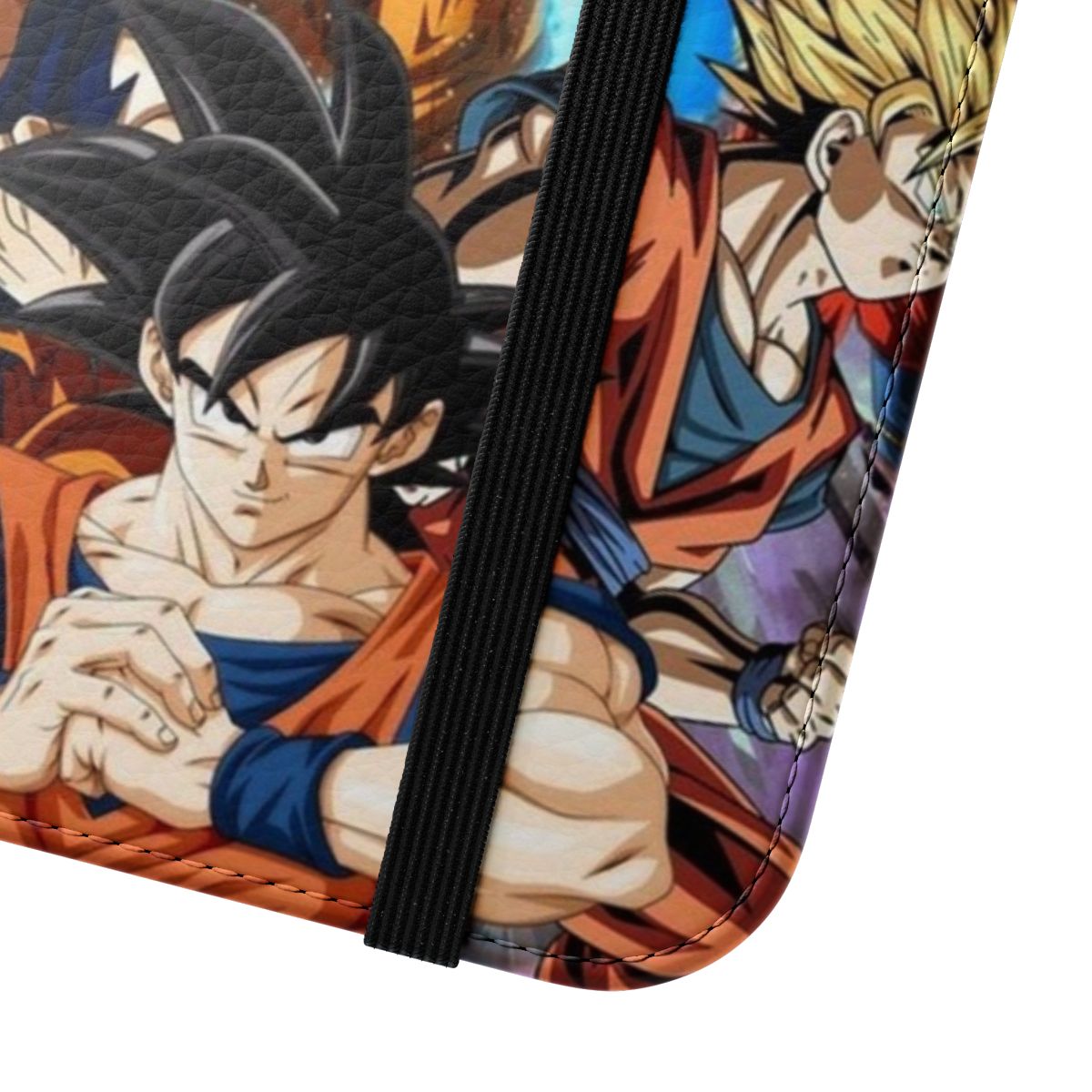 Flip phone case featuring illustrations of Goku's various transformations from the Dragon Ball anime and manga series. - Close Up