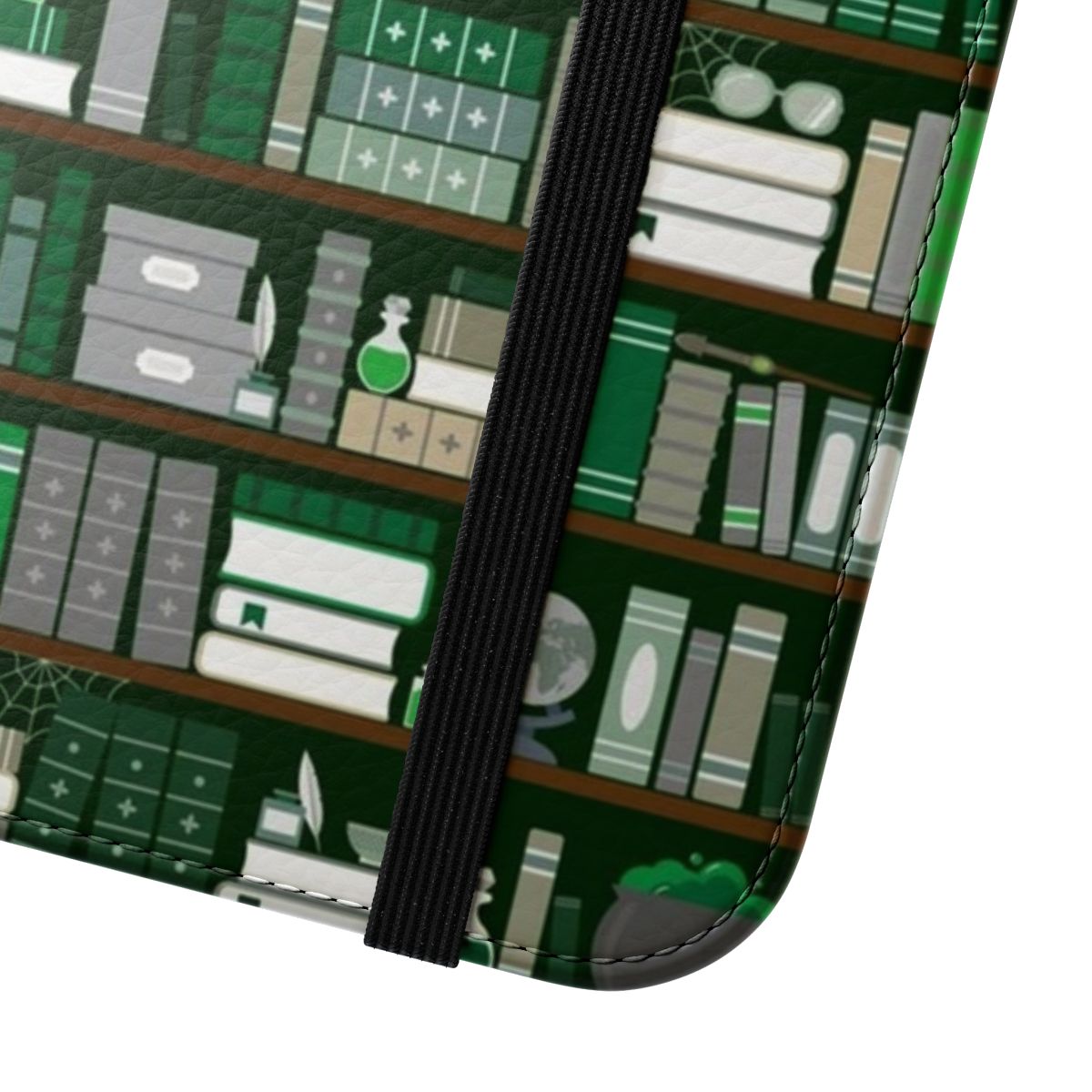 Flip cover phone case with a green and grey book pattern design - Close Up