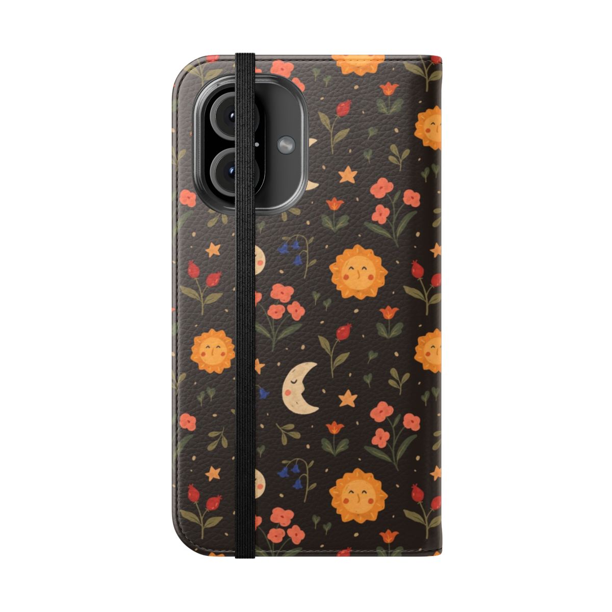 Floral phone case with a soothing pattern of suns, moons, and botanical flowers against a peaceful night sky background. - Folded Front