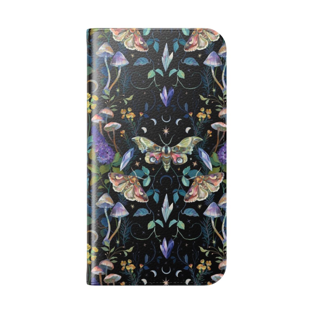 Flip phone case featuring a crystal moth and mushroom design in a botanical, mystical style - Folded Back