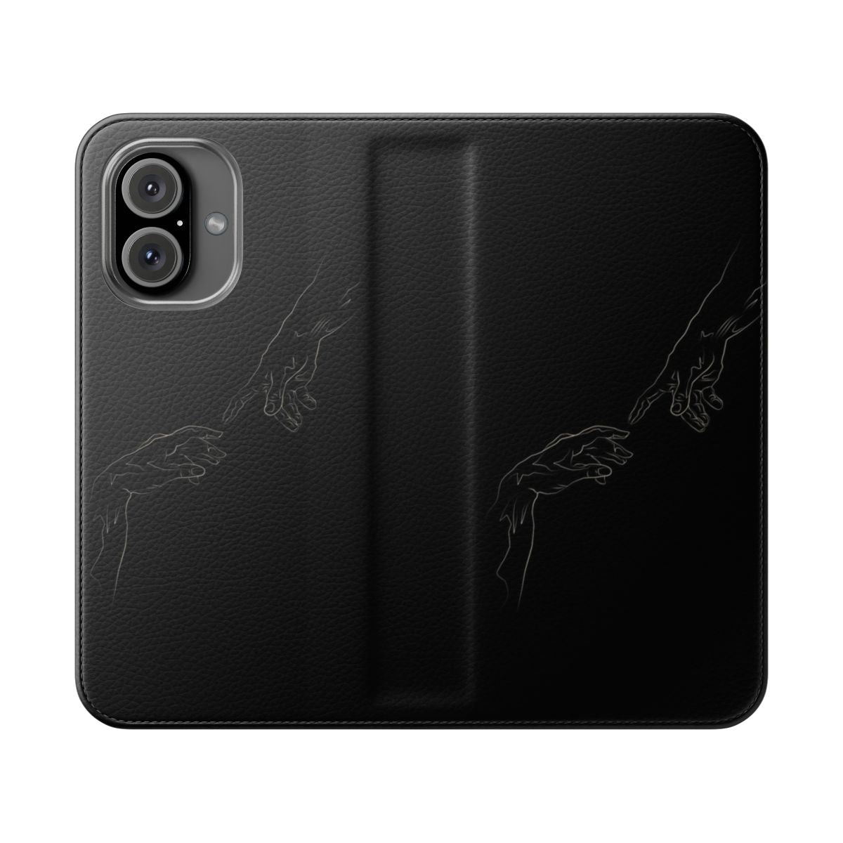 A flip cover phone case featuring a portrait design inspired by Michelangelo's 'The Creation of Adam' artwork.