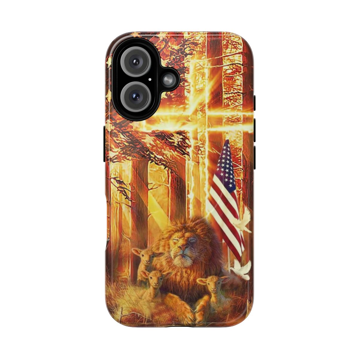 Inspirational Christian phone case with biblical designs of the Lion of Judah and Lamb of God.