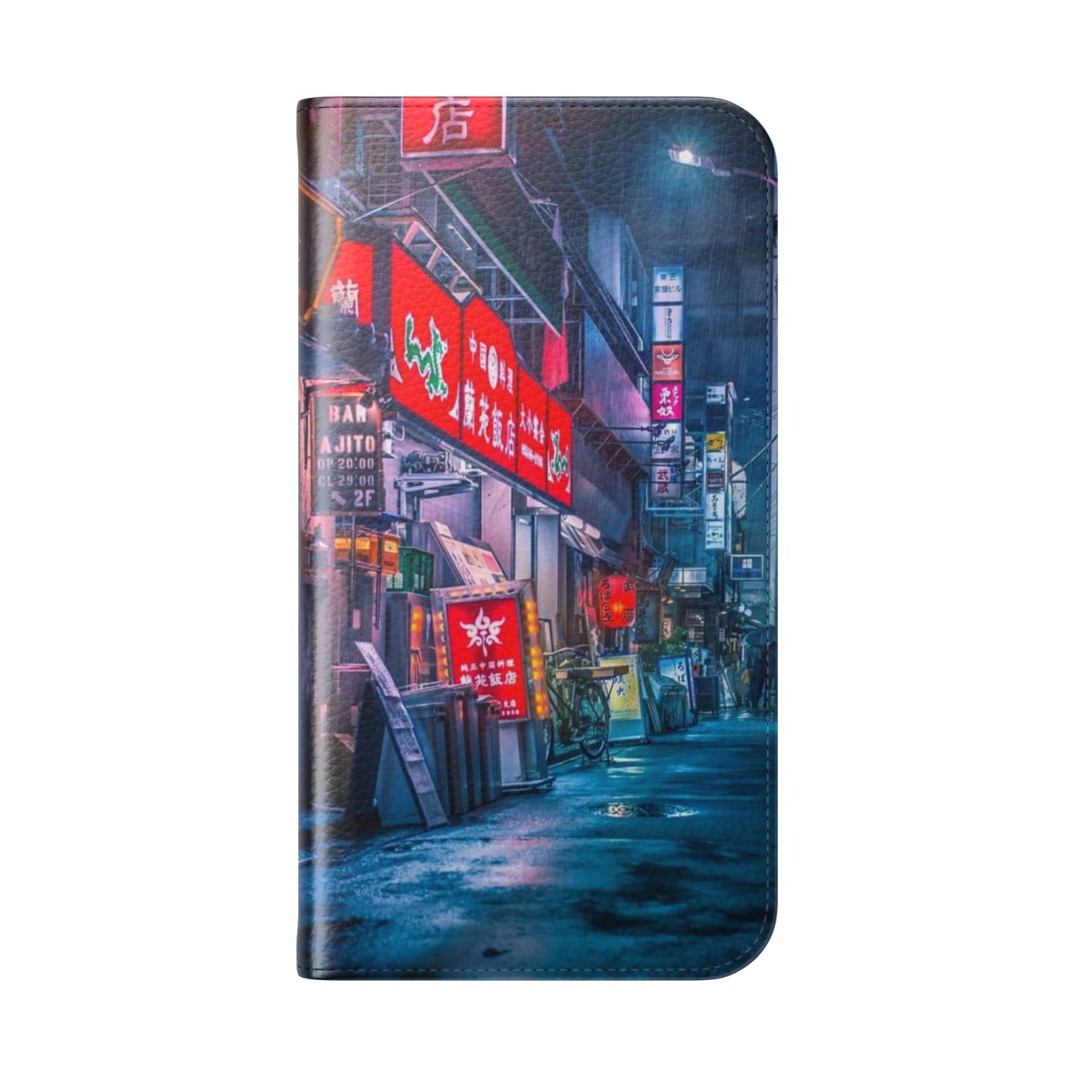 Flip phone case featuring a moody, rainy cityscape of Neo Tokyo with neon lights and a cyberpunk aesthetic. - Folded Back