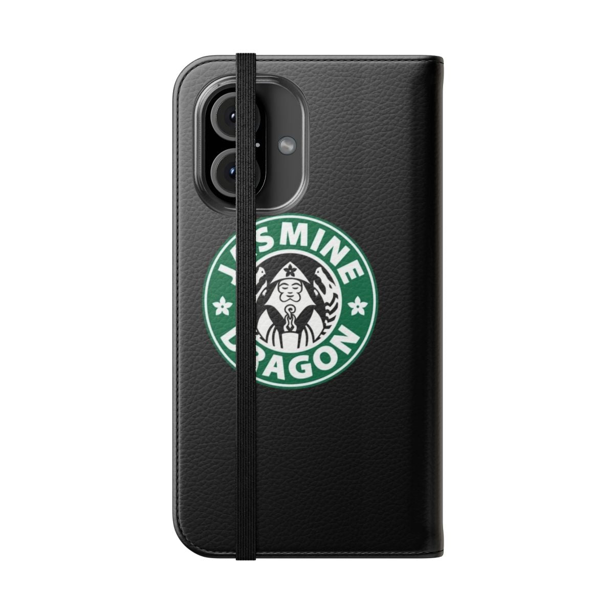 Cartoon-style flip cover phone case with a dragon design and avatar-like imagery - Folded Front