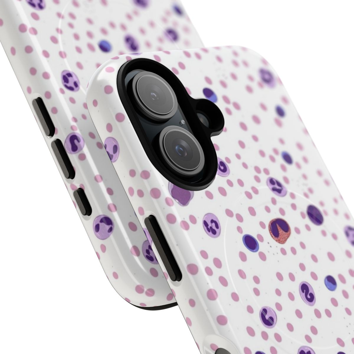 Magnetic tough phone case featuring illustration of white blood cells and red blood cells under a microscope - Detail