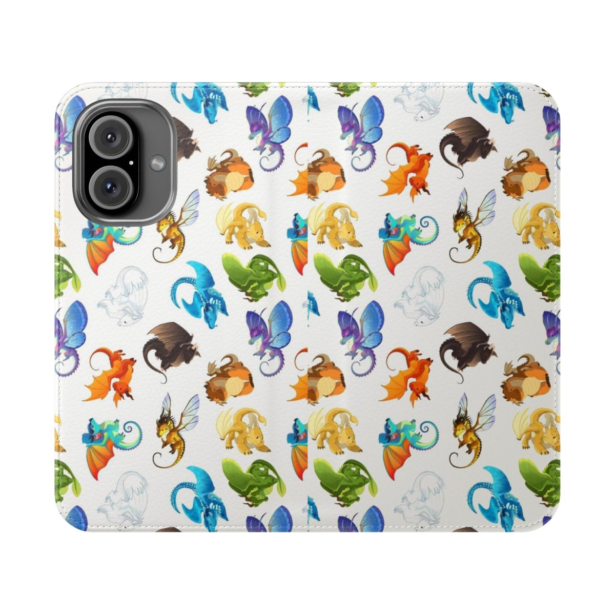 Whimsical flip cover phone case featuring a colorful Wings of Fire dragon design