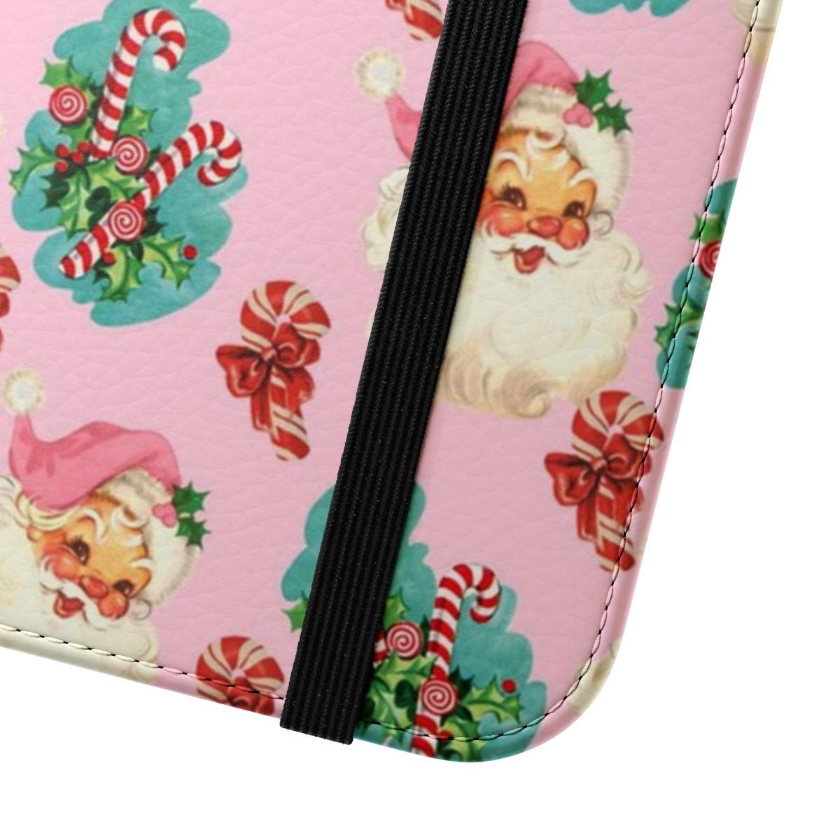 Vintage-style pink Christmas flip cover phone case with Santa Claus and candy canes - Close Up