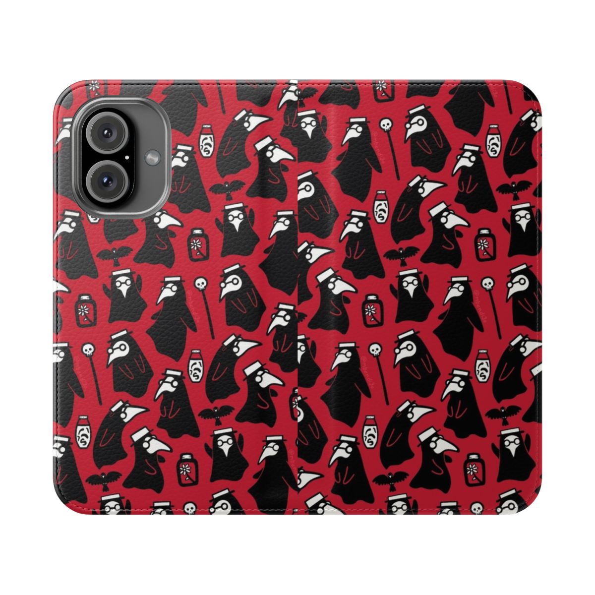 Flip cover phone case with a medieval plague doctor design featuring a black bird, leeches, and dark Gothic elements.