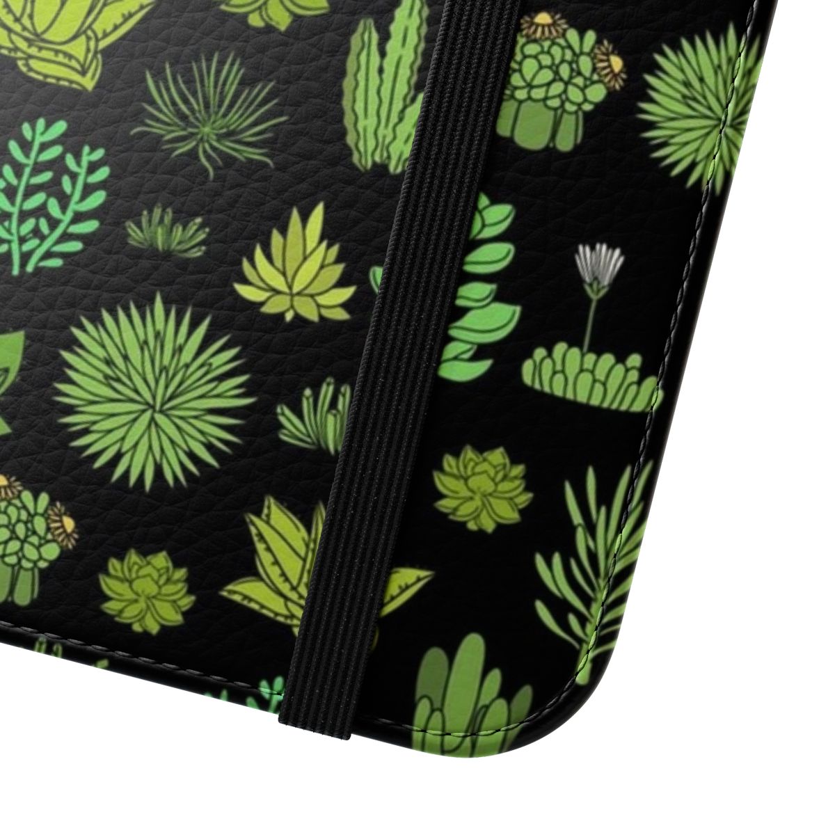 Colorful phone case featuring a design of succulents and cacti against a white background - Close Up