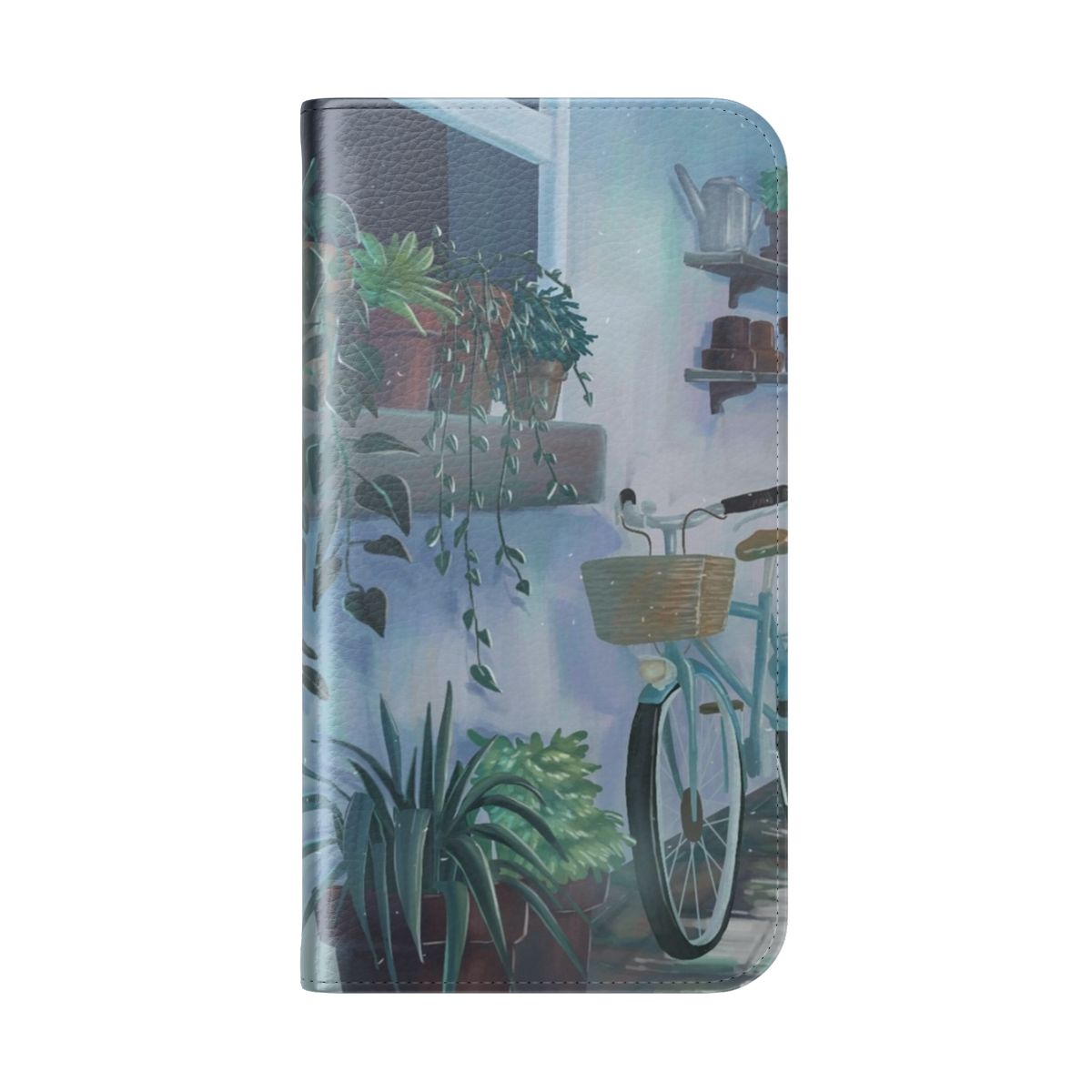 A high-quality flip cover phone case featuring a serene landscape design with rain, plants, and a cool, calming atmosphere. - Folded Back