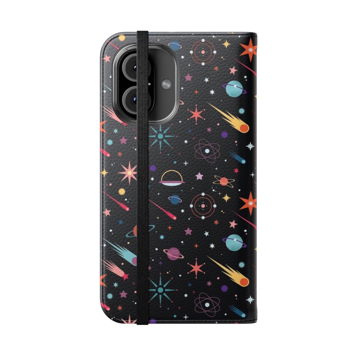 Colorful cosmic and galaxy-themed flip phone case with retro and mid-century modern design elements. - Folded Front